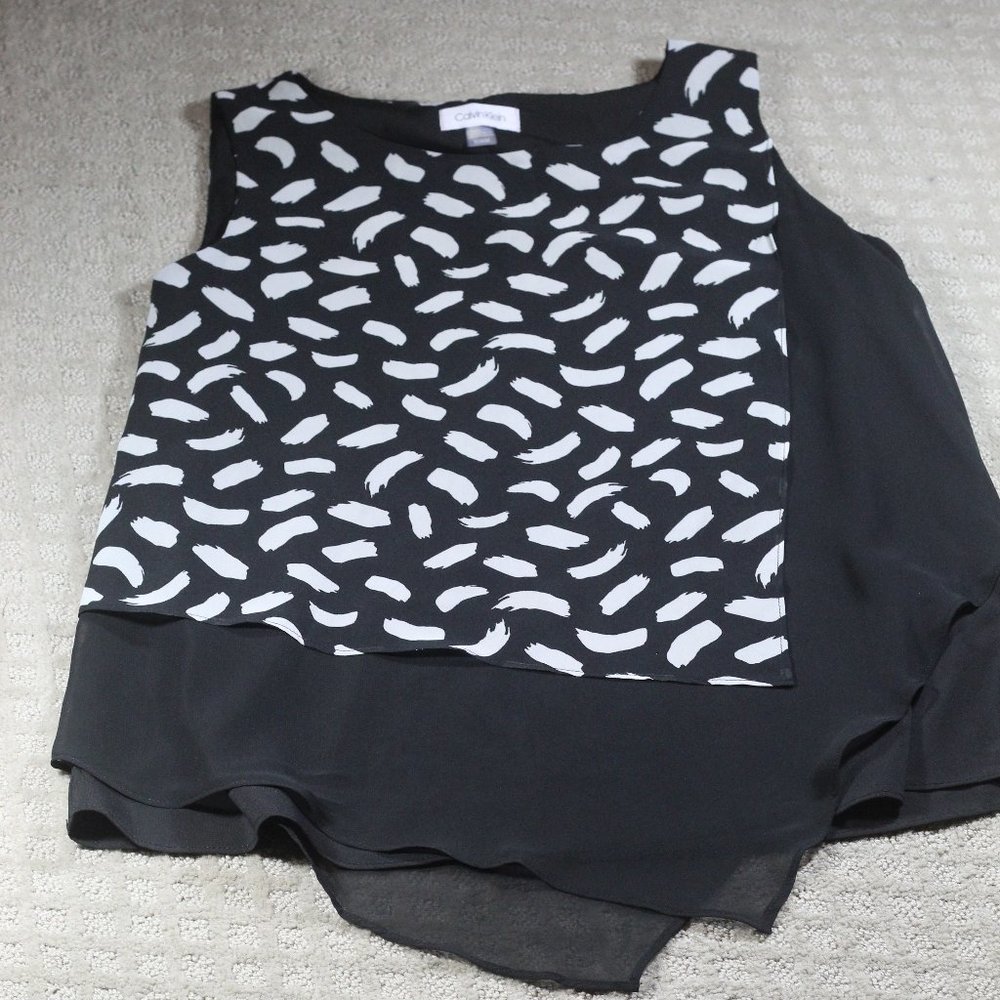 Calvin Klein Flowy Black and White Asymmetrical Business Tank